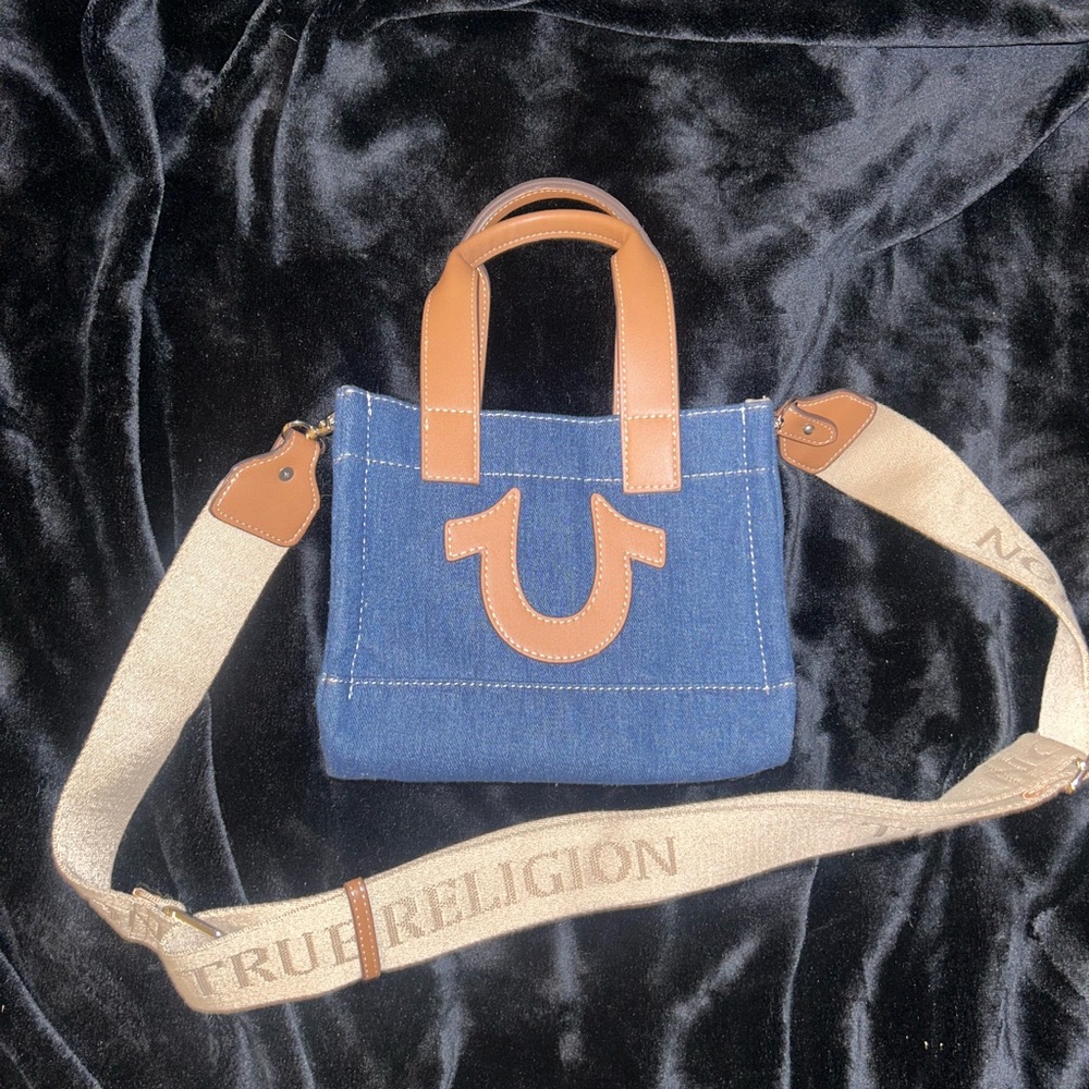 True Religion Denim Blue and Tan Mini Bag